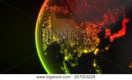 Dark Earth Globe With Glowing Details Of City And Human Population Density Areas. 3d Illustration