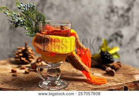 Hot Drink With Honey And Spices On Wooden Background Concept Of Seasonal Postcard