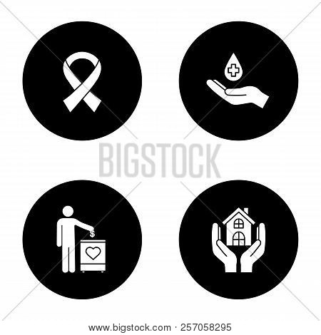 Charity Glyph Icons Set. Fundraising, Anti Hiv Ribbon, Blood Donation, Shelter For Homeless. Vector 