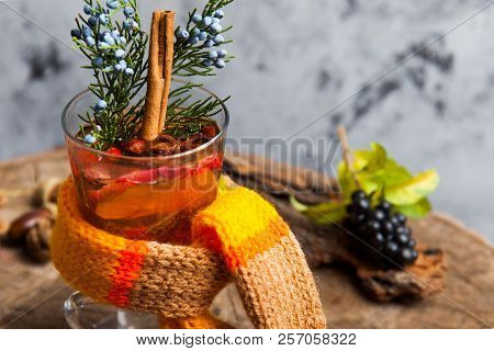 Hot Drink With Honey And Spices On Wooden Background Concept Of Seasonal Postcard
