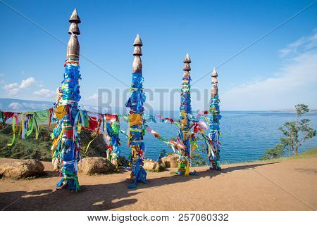 Prayer Ribbons Of Sacred Serge Pillars On Olkhon Island