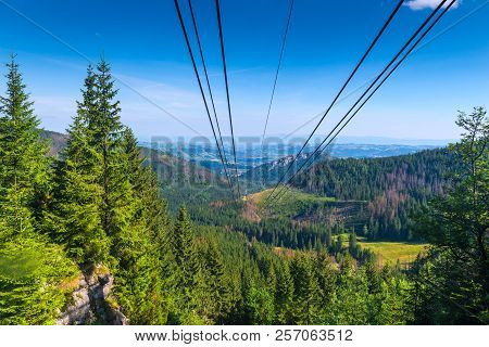 Beautiful View From A Height To The Mountains And Valley, Shooting From The Cockpit Of The Funicular