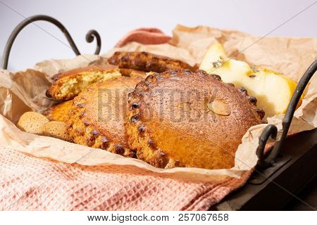 Round Dutch Homemade Cookies Filled With Apples And Almonds Nuts, Autumn And Winter Seasonal Dessert