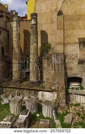 Rome, Italy Temple Of The Nymphs. External Day View Of The Remains Of The Ancient Rome Temple Opposi