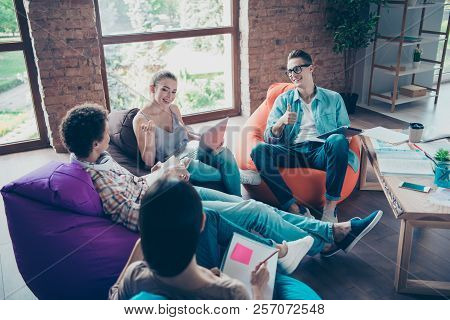Concept Exchange Of Ideas. Youngster People In Jeans Denim Wear