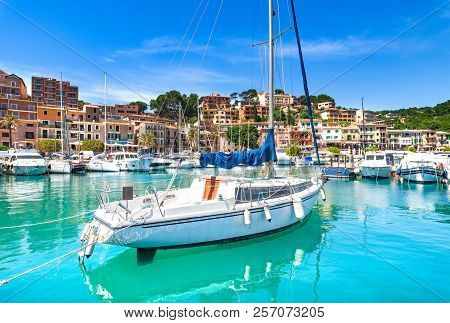 Idyllic View Of Marina Yachts Sailboats Of Port De Soller On Mallorca, Beautiful Coast Mediterranean