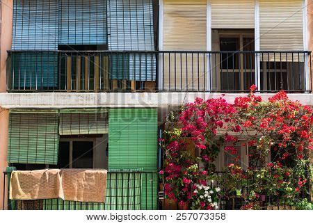 Urban Living, Balcony Facade Of Rustic House Facade, Close-up
