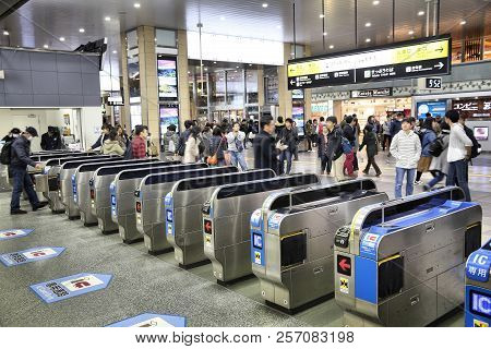 Osaka, Japan - November 23, 2016: Passengers Hurry At Tennoji Station In Osaka, Japan. Jr West Tenno