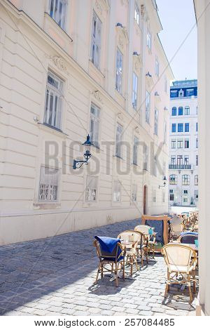 Summer Empty Open Air Restaraunt In European City.