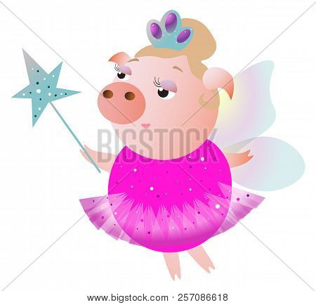 Lovely Fairy Pig With Wings, Diadem And Magic Wand. Vector Illustration.  Isolated On Transparent Ba
