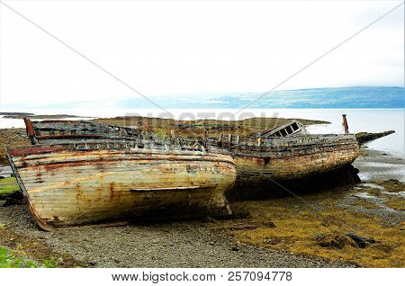 A View Of Rusting And Rotting Boats In Salen Bay On The Isle Of Mull