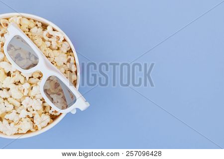 Cinema Concept. Flat Lay. Copyspace. Cinema Concept. Background. 3d Glasses And Cup With Popcorn Iso