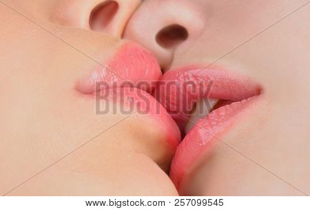 Lesbian Couple Together Concept. Kiss Lesson. Two Women Friends Kissing. Two Beautiful Sexy Lesbians