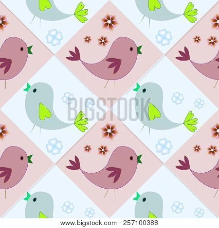 Happy Seamless Pattern With Colored Birds. Childish Illustration In Cartoon Style. Blue And Brown  B