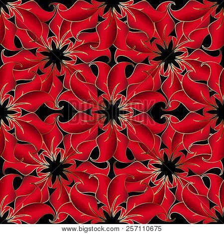 Vintage Red 3d Flowers Vector Seamless Pattern. Beautiful Orname