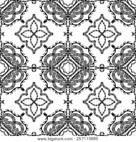 Black And White Vector Ornamental Greek Seamless Pattern. Abstra