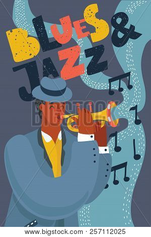 Jazz Or Blues Musician Playing Music On Trumpet. Black Man Wearing Blue Suit And Hat. Vector Cartoon