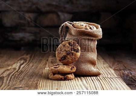 Chocolate Cookies On Wooden Table. Chocolate Chip Cookies Shot.