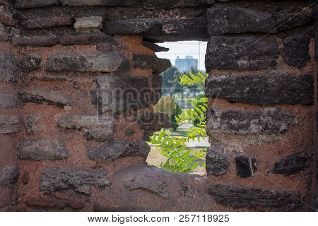 Ruins Of The Walls Of Constantinople Against City Of Istanbul . Walls Was Built In The 5th Century (