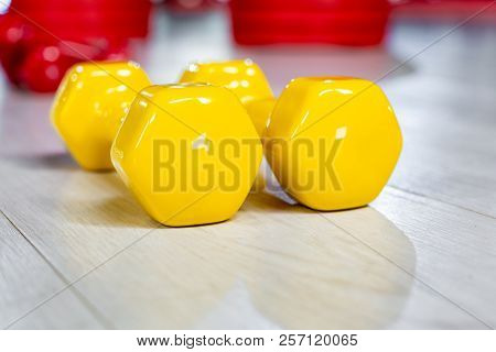 Colorfull Modern Dumbbells On A Wooden Floor