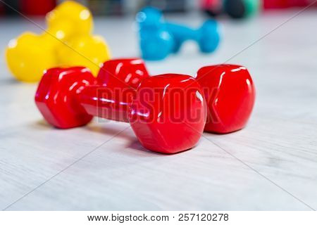 Colorfull Modern Dumbbells On A Wooden Floor