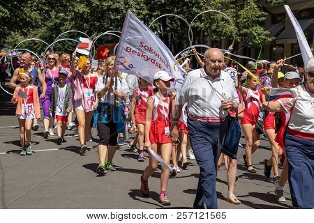 Prague, Czech Republic - July 1, 2018: People Parading At Sokolsky Slet, A Once-every-six-years Gath