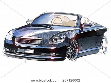 Illustration Of A Business Class Car Cabriolet. Exclusive Drawing With The Elaboration Of The Detail