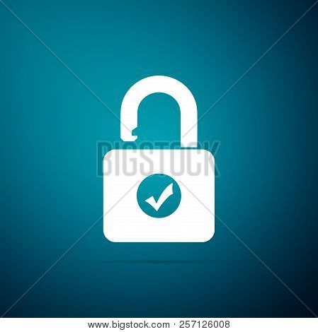 Open Padlock And Check Mark Icon Isolated On Blue Background. Security Check Lock Sign. Flat Design.