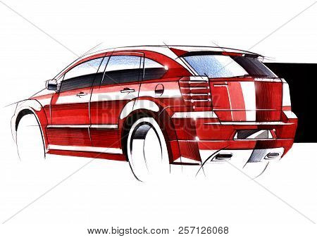 Illustration Of A Sketch Car On A White Background.