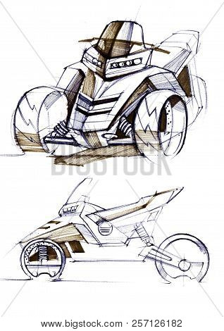 Illustration Of The Development Of A Motorcycle Project For A City On Electric Motors.