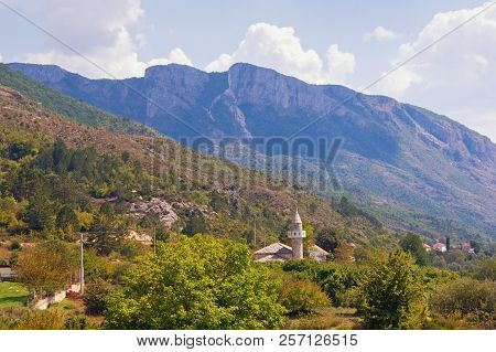 Picturesque Mountain Landscape, Summer. Bosnia And Herzegovina, Trebinje, View Of Mosque In Zupa