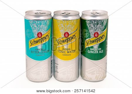 Huettenberg, Germany: June 2018: Photo Of Different Colored Cans With Different Flavors Of Carbonate
