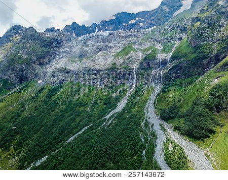 Aerial View From The Drone.the Source Of Sofia Waterfalls, Lower Arkhyz, Karachay Cherkess Republic.
