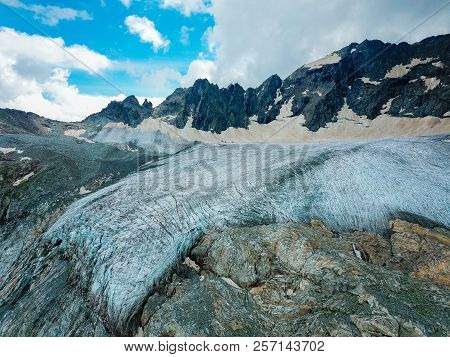Aerial View From The Drone. The Glacier From Which Originates The Sophia Waterfall, Lower Arkhyz, Ka