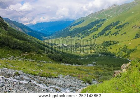 Aerial View From The Drone. The Valley Of The River Flowing From The Sofia Waterfalls, Lower Arkhyz,