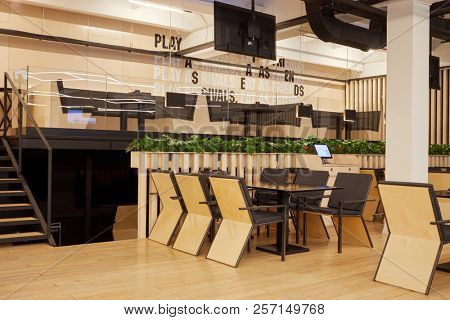 MOSCOW, RUSSIA - JAN 27, 2018: Interior of cafe in Pool School. Main mission of School is the popularization of billiard sports.