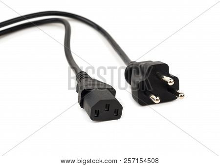 Pc Power Cord, 3-pin Receptacle Socket On White Background, Selective Focus