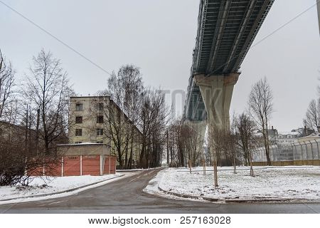 Western High-speed Diameter Over The Houses On Kanonersky Island In Winter In Saint Petersburg. Russ