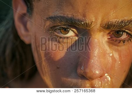 Beauty Cauacsian Woman With A Covered Head And No Makeup.