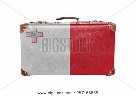 Vintage Suitcase With Malta Flag Isolated On White Background