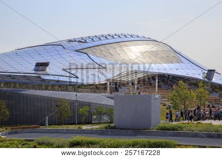 Moscow - September 4, 2018: Zaryadye Park with the modern amphitheater in Moscow, Russia. Zaryadye is one of the main tourist attractions of Moscow