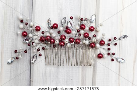 Wedding Decoration On A Wooden Background, Decoration In A Hairdo