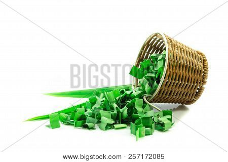 Fresh Green Pandan (screwpine) Leaves In Basket Isolated On White Background.
