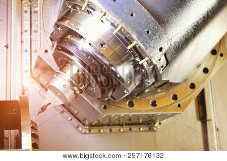 Cnc Router And Turning Metal With A Cutting Tool And Centering Tool. The Concept Of High-tech Proces