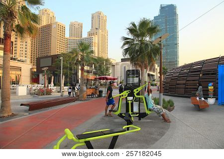Dubai, Uae - May 08, 2018: Dubai Marina Promenade At Sunset. .dubai Marina Skyscrapers View, Dubai, 