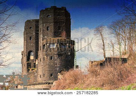 Puzzle Ruin The Ludendorff Bridge At Erpel Am Rhein In Germany.towers Of The Remagen Bridge Are Loca