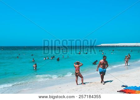 Dubai, Uae United Arab Emirates - 23 April 2016:view Of Public Beach With Turquoise Water In Al Mamz