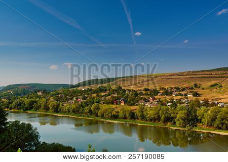 Dnister River Landscape In Ternopil Region Of Western Ukraine. Idillyc View To The Small Villadge