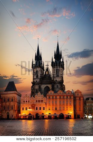 Tynsky Temple On Old Town Square In Prague At Dawn