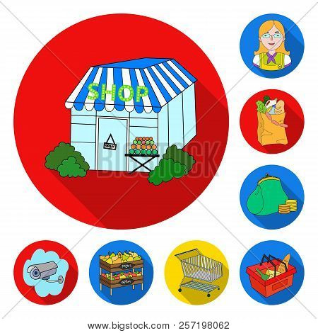 Supermarket And Equipment Flat Icons In Set Collection For Design. Purchase Of Products Vector Symbo